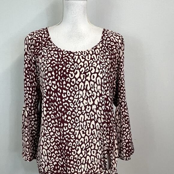Michael Kors Blouse Tunic size Medium Burgundy Tan Leopard Lagenlook Peasant - Picture 2 of 11